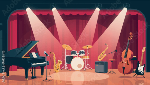 Illustration Of Musical Instruments Arranged On Stage Vector Design Template