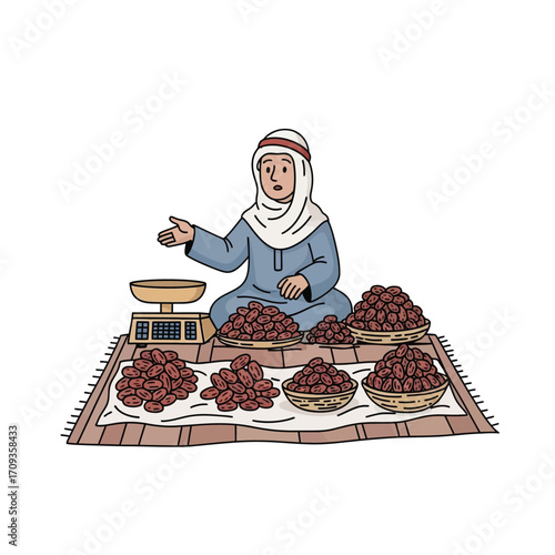 A person in traditional attire selling dates, weighing them on a scale at a market stall.