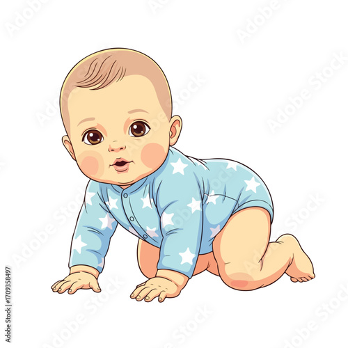Adorable Baby Crawling on White Background.