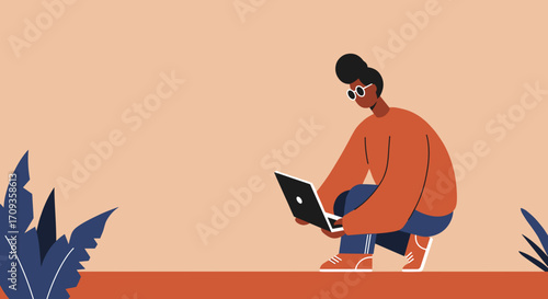 Senior Black woman relaxing on a yellow sofa, engaged with her laptop and smartphone. Represents modern elderly embracing digital connectivity and comfortable remote lifestyle at home.