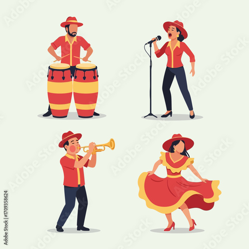 Four musicians performing: a drummer, a singer with a microphone, a trumpet player, and a woman dancing in a red dress.