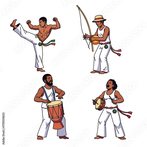 Four illustrations showing capoeira practitioners: one kicking, one playing a berimbau, one playing a drum, and one playing a tambourine.