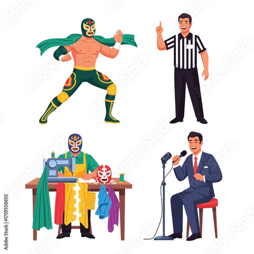Four illustrations: a wrestler, a referee, a wrestler sewing, and a man speaking into a microphone.
