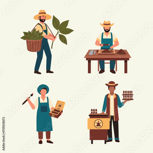 Four illustrations depict farmers and artisans engaged in various stages of cocoa bean processing and chocolate making.
