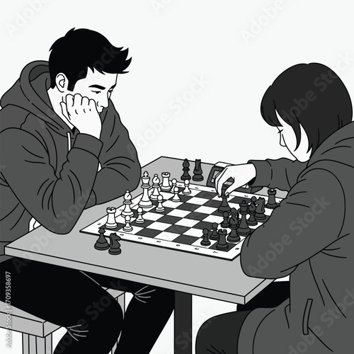 Two people playing chess at a table. One person is making a move while the other is contemplating.