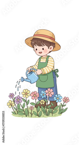 Cute Cartoon Boy Watering Colorful Garden Flowers.