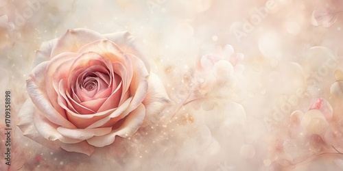 A Delicate Pink Rose Blossom with Soft, Dreamy Background Featuring Pastel Floral Elements