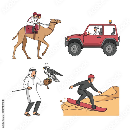 Desert activities, camel racing, dune bashing, falconry, and sandboarding, depicted in a simple line art style.