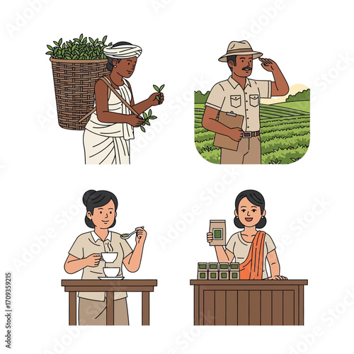 Tea plantation workers: harvesting, inspecting, preparing, and selling tea.