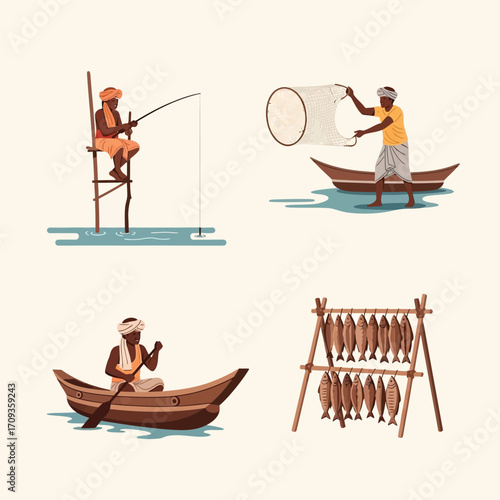 Traditional fishing methods depicted: men fishing from stilts, boats, and drying their catch.
