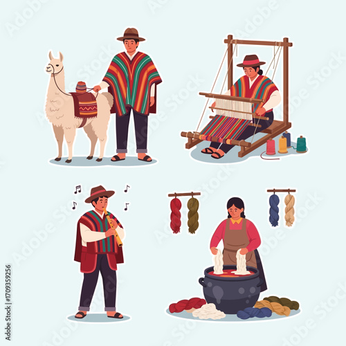Andean people showcasing traditional weaving, llama herding, music, and dye preparation.