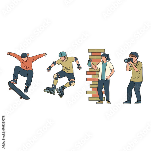 Four individuals showcasing action sports and photography; skateboarder, rollerblader, photographer, and observer near a brick wall.