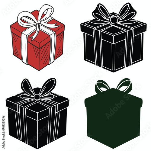 Four hand drawn illustrations of gift boxes with ribbons in red black and white styles