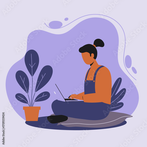 Person working remotely on laptop in a comfortable home setting. Ideal for themes of freelance, online learning, and flexible work.