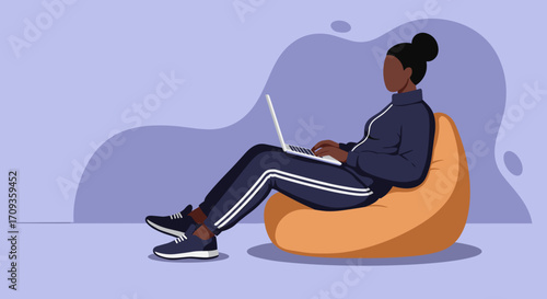 Woman working remotely on laptop with coffee, showcasing modern productivity and freelance lifestyle in a relaxed setting.