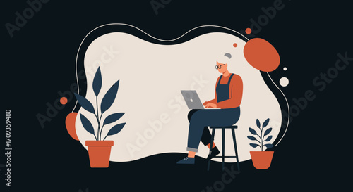 A senior woman sits on a stool with a laptop, surrounded by potted plants and abstract shapes, suitable for a landing page or marketing banner design.