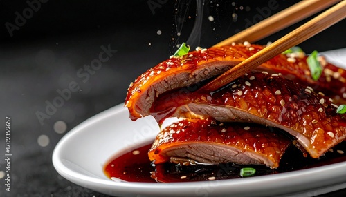 Sliced Peking Duck with Glazed Sauce and Sesame Seeds, Served with Chopsticks