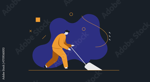 Flat design illustration of a person cleaning a surface with a mop on a dark background, representing business and marketing concepts.