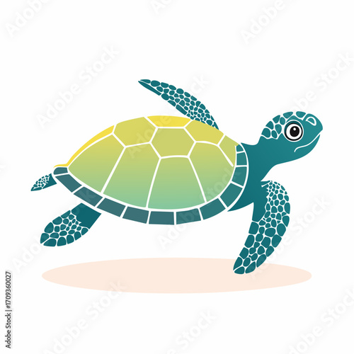 Minimalist vector illustration of a cute green sea turtle, flat design on a clean white background