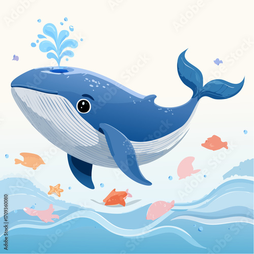 Cute cartoon blue whale spouting water in the ocean, a vector illustration in flat design style