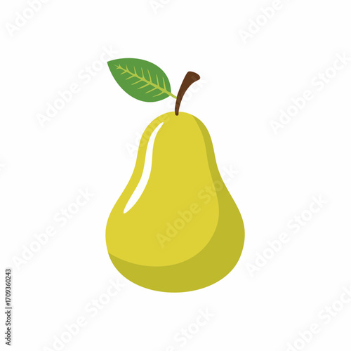 Flat design illustration of a single, ripe green pear with a brown stem and a single leaf, isolated on white