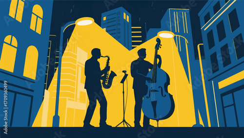 Illustration Of A Night Scene In The City With Two Musicians Performing Vector Design Template