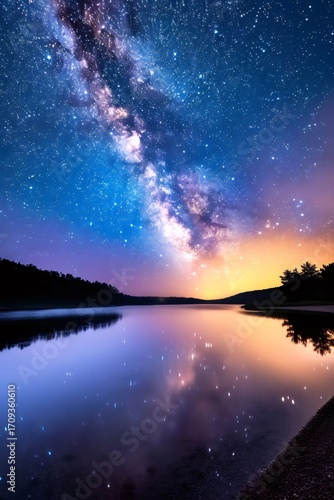 Milky way reflecting on calm lake at twilight