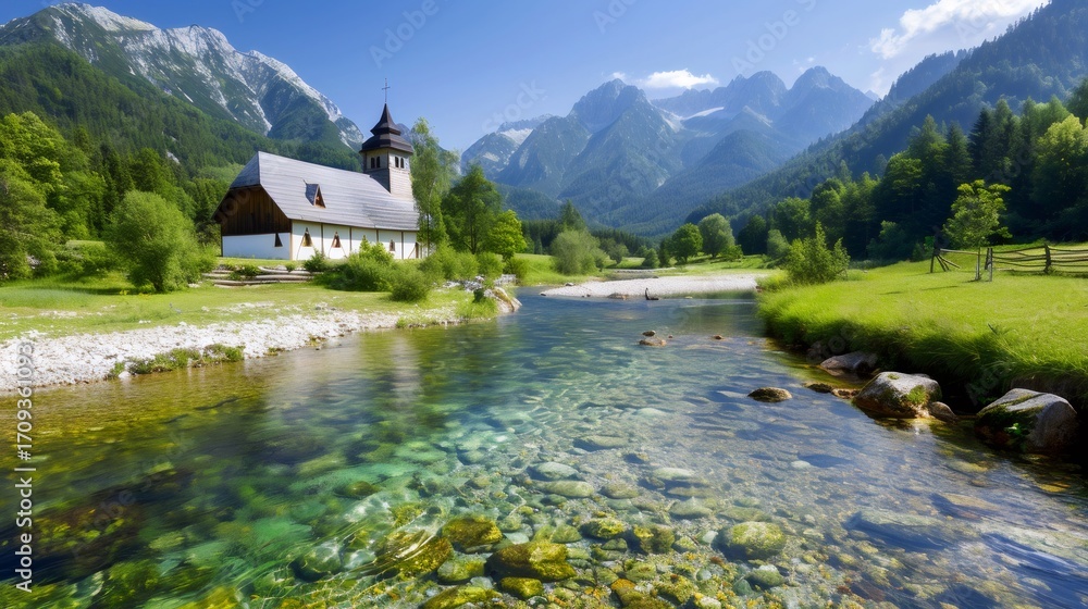 Fototapeta premium Scenic alpine landscape featuring a charming church by a crystal-clear stream in Slovenia