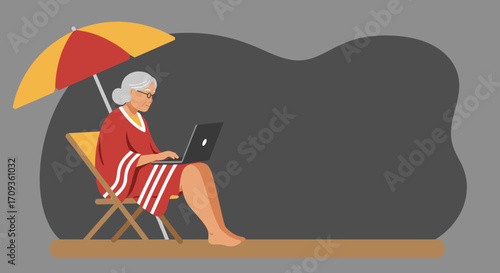 Senior woman in glasses comfortably using a laptop on a sofa at home, representing modern remote work, online learning, or digital leisure.