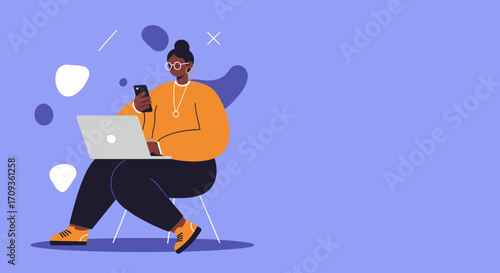 A young woman works remotely, using a laptop and mobile phone, in a modern, abstract workspace, designed for a marketing or technology landing page.