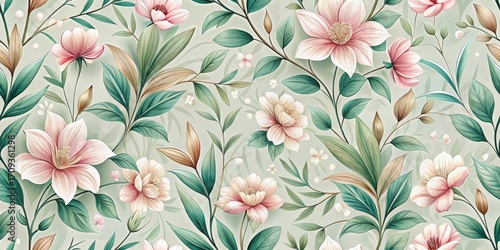 Elegant Botanical Print Featuring Delicate Blooms and Lush Greenery in a Seamless Pattern