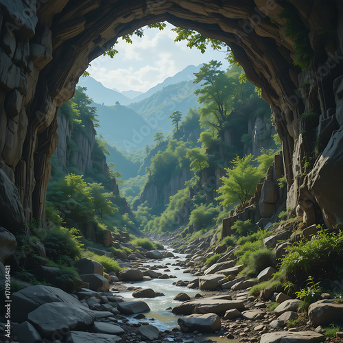 Scenic Mountain Valley Stream View from Cave Entrance in Lush Forest
