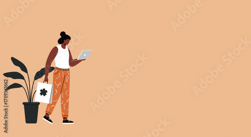 Modern flat design illustration of a woman with a laptop and shopping bag, perfect for marketing and web design banners.