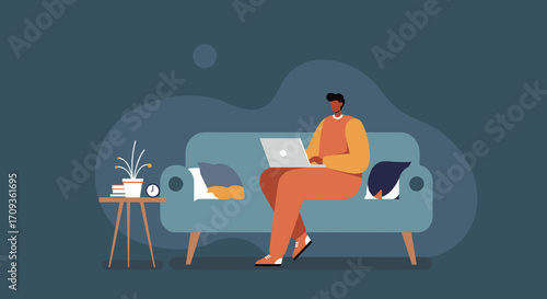 Person in pajamas comfortably working on a laptop outdoors. Represents remote work, flexible hours, and a relaxed digital lifestyle.