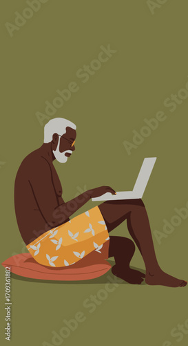 An elderly Black man in swim trunks and sunglasses uses a laptop while relaxing on a pillow, depicting remote work, vacation, or retirement leisure.