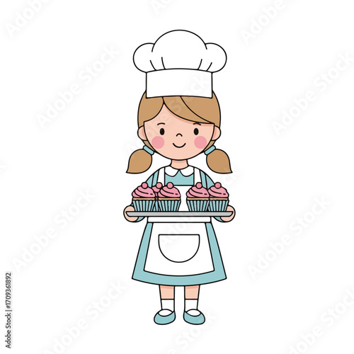 Cute Cartoon Girl Chef Holding a Tray of Cupcakes.