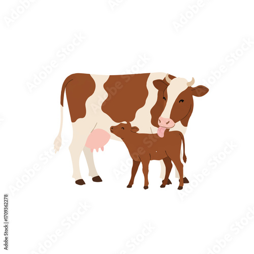 A heartwarming flat 2D vector illustration depicts a gentle cow affectionately licking her small calf, presented with charming simplicity against a clean white background.