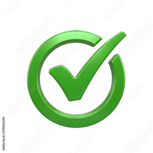 checkmark icon enclosed in a circle, representing a 3D symbol of approval, success, and validation, isolated on a white background for easy use