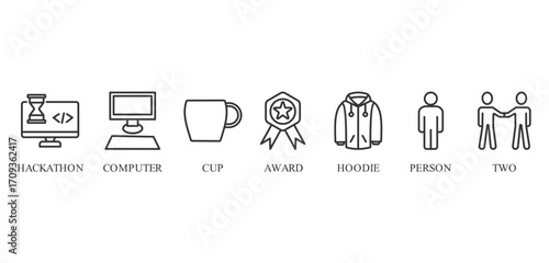 hackathon banner icon vector concept with icon of hackathon, computer, cup, award, hoodie, person , and  two






