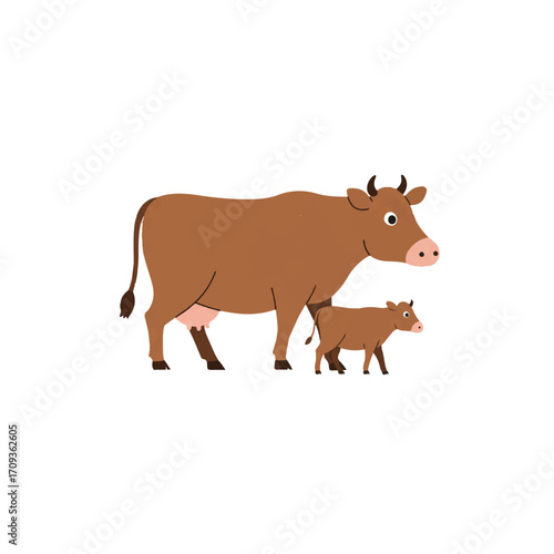 A charming flat 2D vector illustration depicts a mother cow and her young calf gracefully walking side by side, showcasing a heartwarming bond on a clean, plain white background.