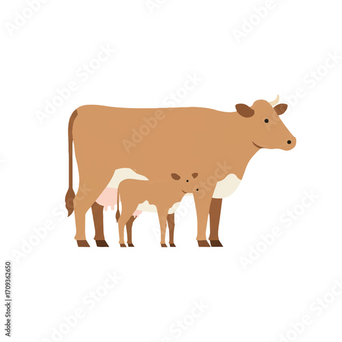 A charming flat 2D vector illustration captures a gentle mother cow standing protectively next to her small calf, rendered in a simple, modern flat style against a clean white background.