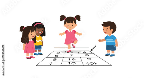 Happy Children Playing Hopscotch Game.