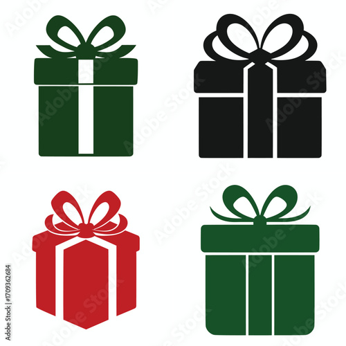 Four stylized gift boxes with ribbons and bows in green and red and black on a white background
