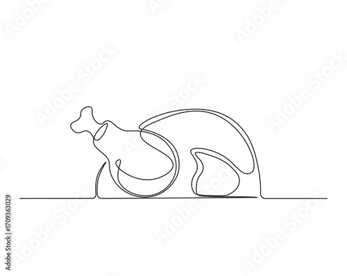 Chicken carcass outline drawing illustration. one continuous line drawing of roasted chicken.