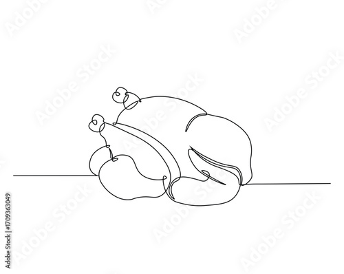 Chicken carcass outline drawing illustration. one continuous line drawing of roasted chicken.