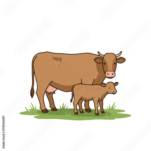 A charming flat 2D vector illustration captures a peaceful mother cow and her sweet calf leisurely grazing together on a pristine, plain white background.