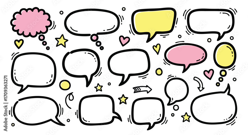 Fototapeta premium Creative doodle speech bubbles and icons for expressing ideas and thoughts in a fun, engaging way
