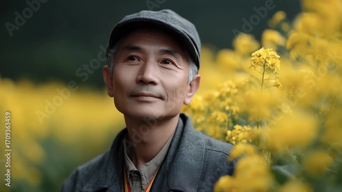 An old farmer looks into the distance with hope in a sea of flowers