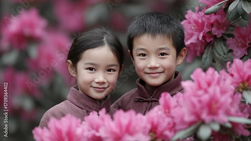 Children in Chinese Clothes in Front of Blooming Rhododendrons
