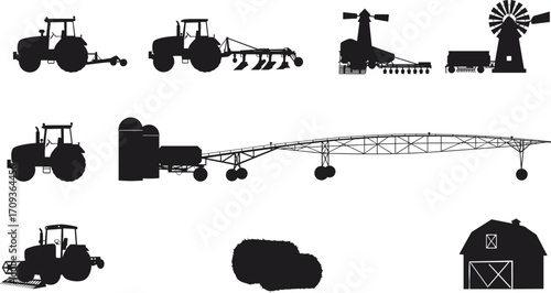 Tractors, barns, windmills, silos, hay bales, and agriculture equipment silhouettes for farming, harvesting, and rural farm scene illustrations
